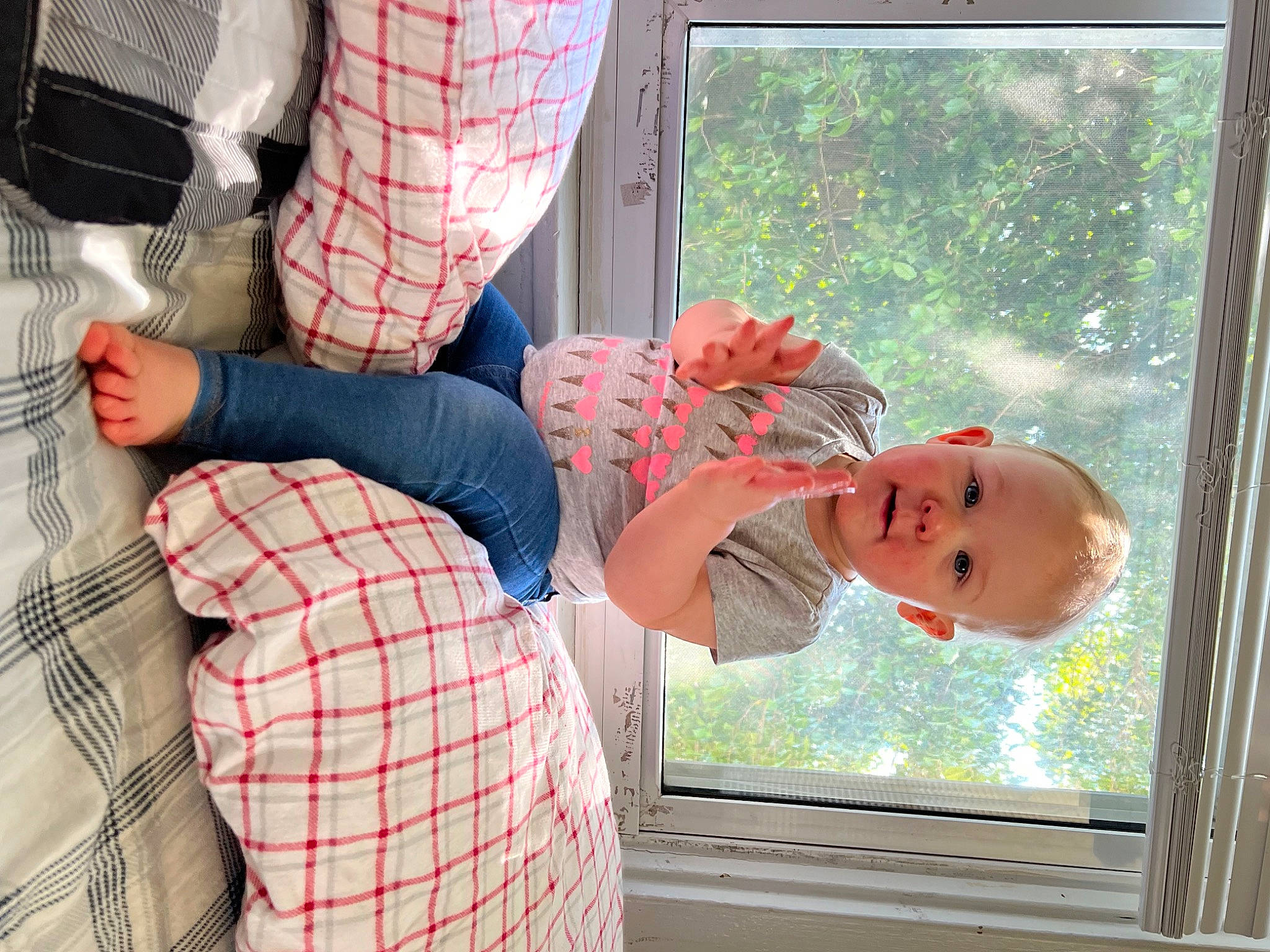 Brooklynn joined the competition — help win amazing prizes! child, door, dress, fun, gesture, happy, hat, human_body, human_leg, knee, leisure, person, pink, plaid, red, sunglasses, tartan, thigh, tree, waist