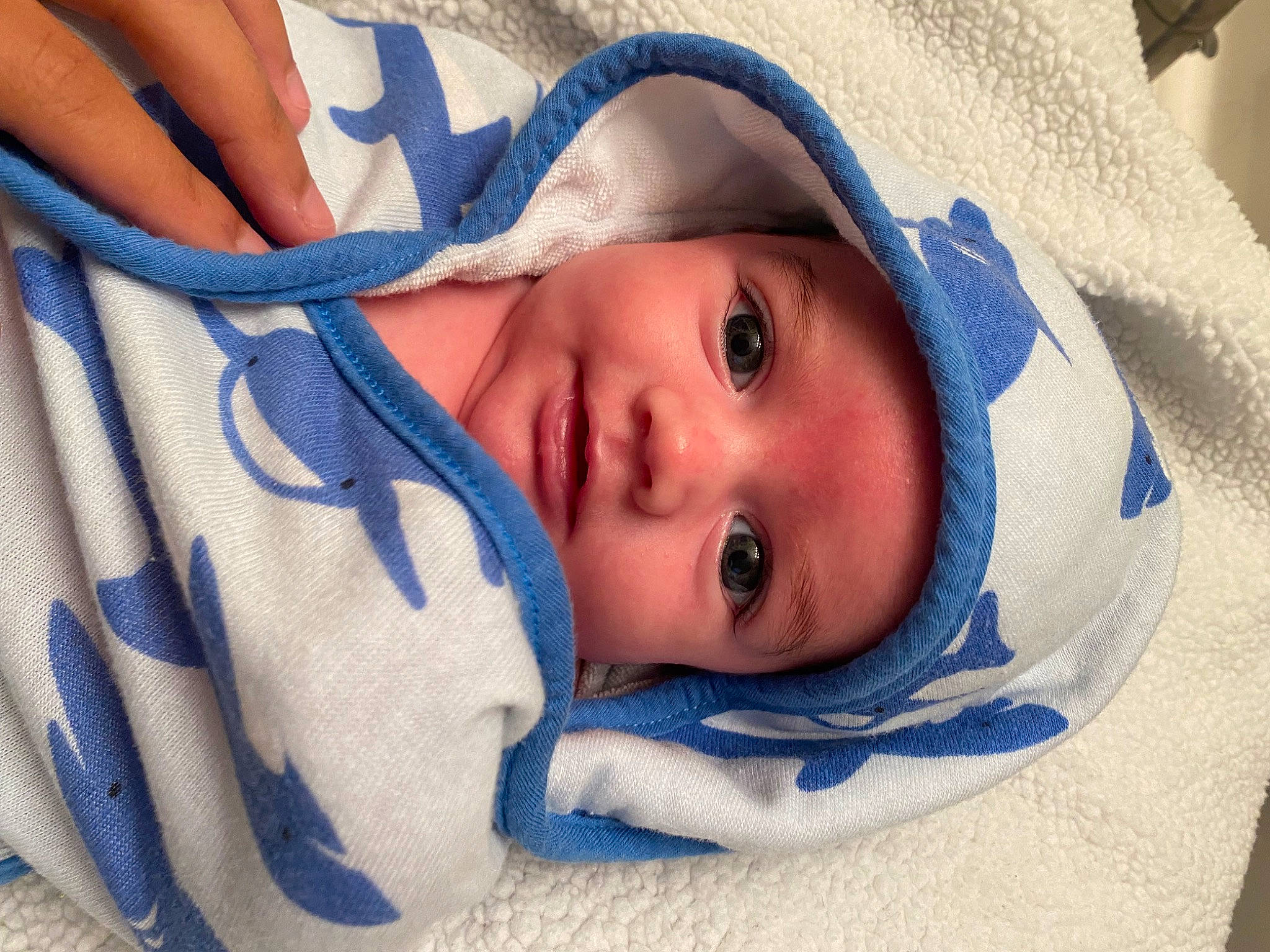Asher joined the competition — help win amazing prizes! azure, baby, cheek, child, chin, comfort, electric_blue, eyebrow, eyelash, fashion_accessory, happy, headwear, human_body, iris, linens, lip, nose, person, skin, smile