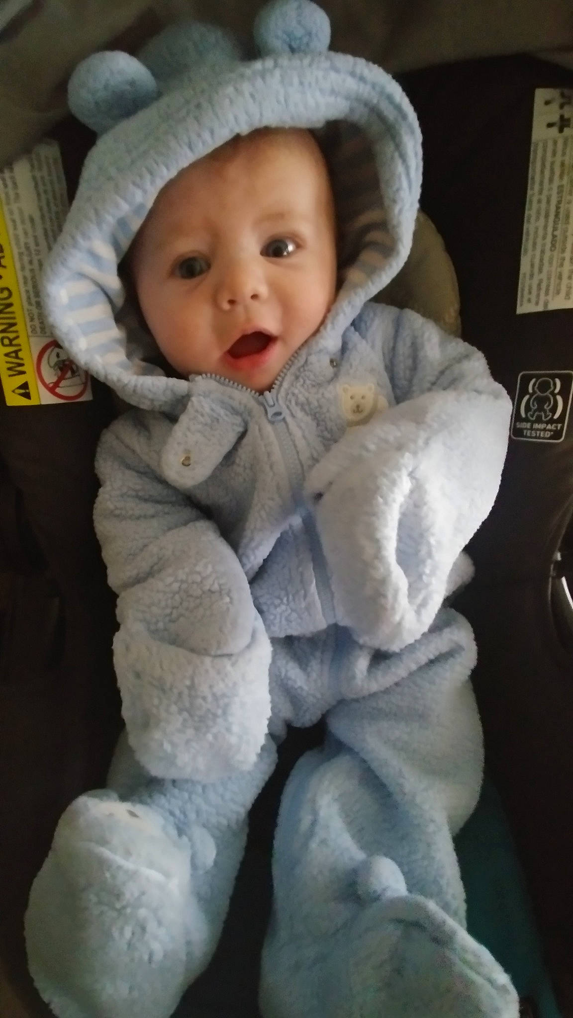 Colin joined the competition — help win amazing prizes! baby, cheek, child, fur, headgear, outerwear, person, skin, smile, surprise, toddler