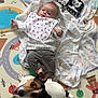 baby, infant, dog, playmat, bib, blanket, toy, floor, clothing, animal, pet, smiling_dog, indoor, cute, face, lying_down, happy, playtime, child, young