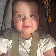 Eli joined the competition — help win amazing prizes! baby, child, car_seat, seatbelt, white_shirt, drool, happy, face, infant, straps, padded, safety, cute, closeup, portrait, indoors, headrest, smile, young, person