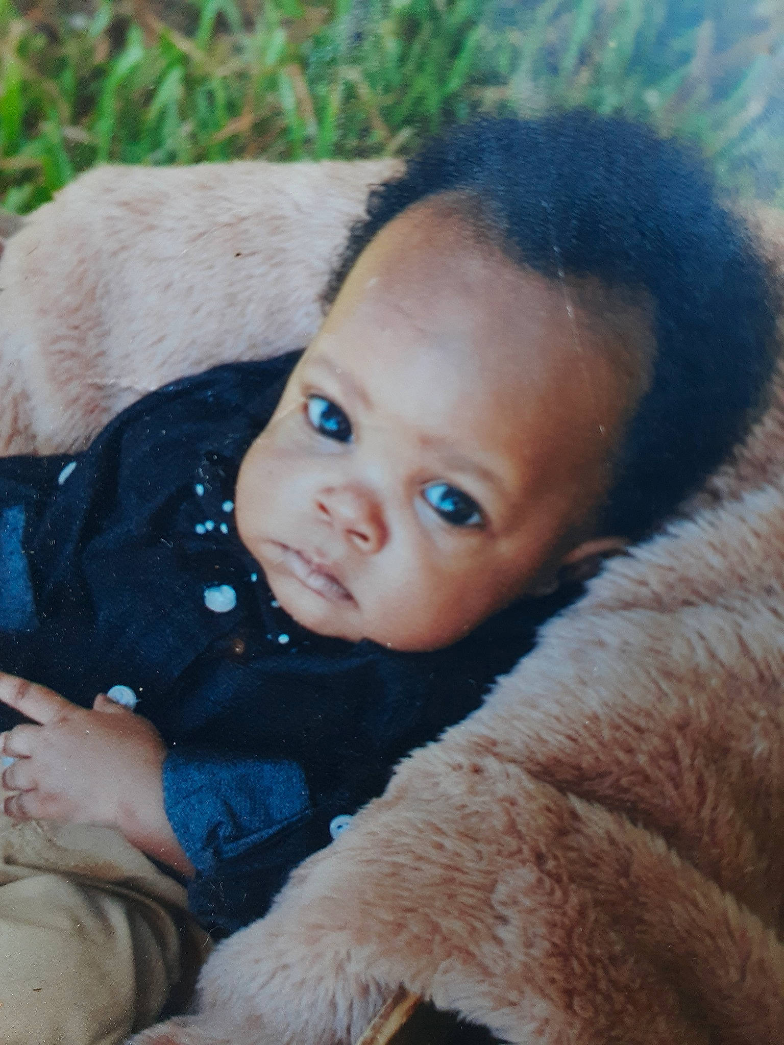 Major is registered to the contest to win money with this photo: baby, baby_toddler_clothing, cheek, child, close_up, companion_dog, eye, fur, fur_clothing, grass, happy, iris, lip, mammal, nose, person, portrait_photography, sitting, skin, toddler