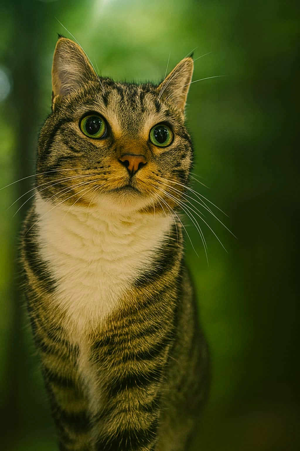 Ptika participe au concours pour gagner de l'argent avec cette photo : cat, tabby, green_eyes, whiskers, fur, animal, pet, outdoor, nature, forest, blurred_background, mammal, curious, portrait, closeup, ears, brown, white_chest, feline