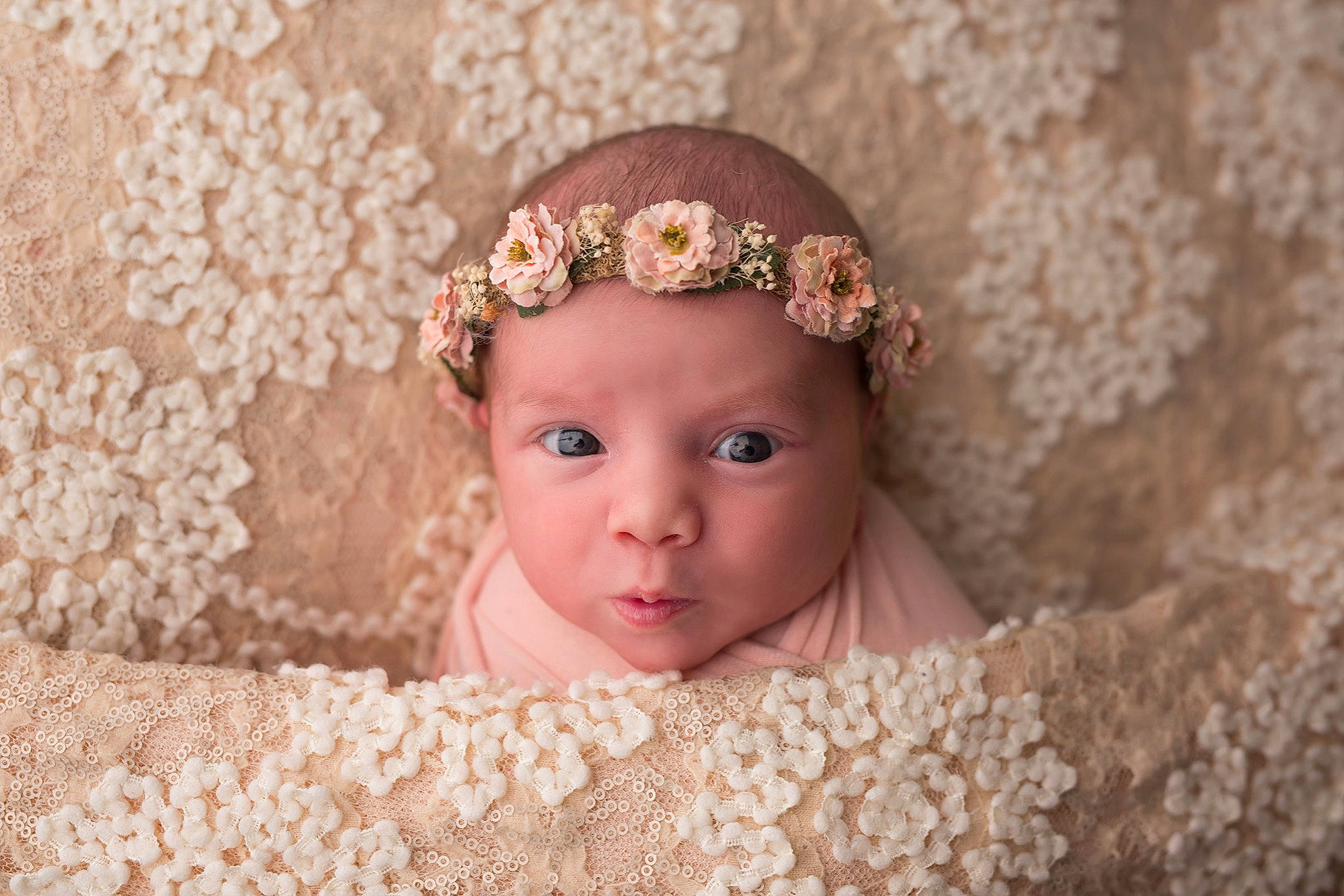 Brielle is registered to the contest to win money with this photo: child, flower, girl, hair_accessory, headband, headgear, headpiece, headwear, infant, jewellery, lace, person, pink, portrait_photography, skin, textile, toddler