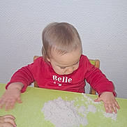 Nina a rejoint le concours — aidez-le/la à gagner de superbes lots ! toddler, child, red_shirt, powder, green_table, hands, playing, indoor, curious, person, baby, short_hair, table, messy, concentration, furniture, wall, candid, young_child, interaction