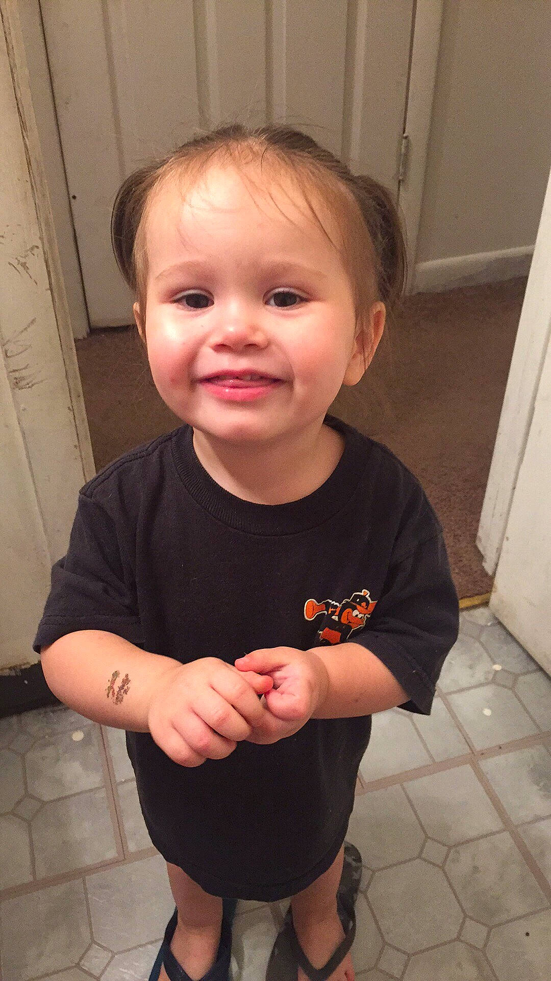 Aubree joined the competition — help win amazing prizes! baby, baby_toddler_clothing, cheek, child, face, person, skin, sleeve, smile, t_shirt, thumb, toddler