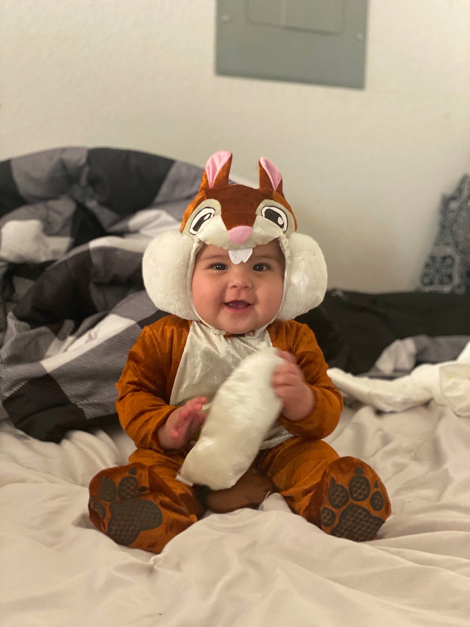 Abby joined the competition — help win amazing prizes! baby, child, comfort, costume, costume_hat, event, fictional_character, fun, fur, glove, happy, hat, headwear, linens, person, picture_frame, plush, room, sitting, smile
