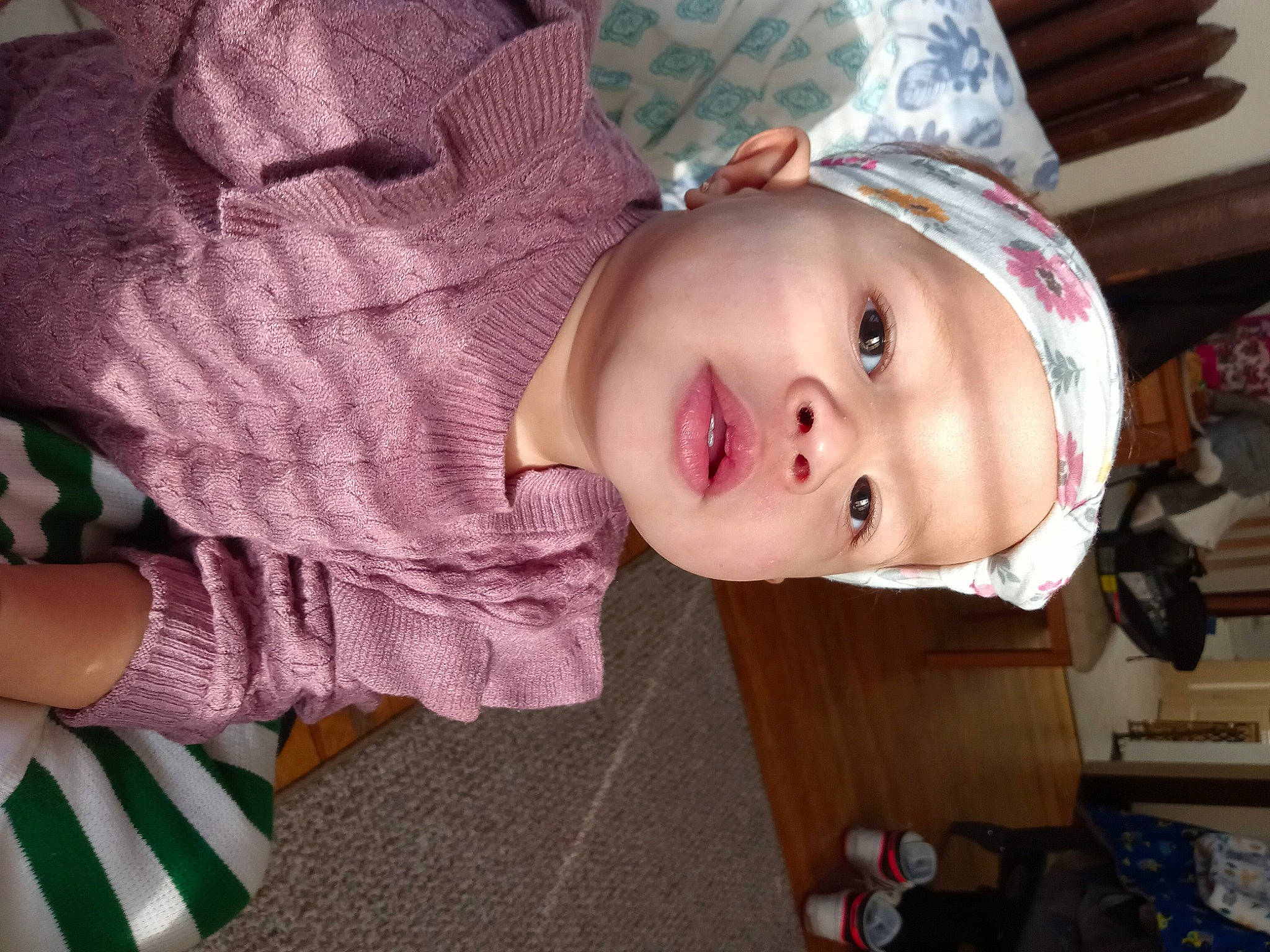 Alana is registered to the contest to win money with this photo: baby, baby_products, baby_toddler_clothing, cheek, child, comfort, eyelash, fashion_accessory, fun, happy, hat, headwear, iris, lip, nose, pattern, person, skin, sleeve, smile