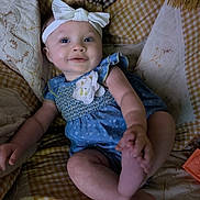 Viviana joined the competition — help win amazing prizes! baby, barefoot, blanket, blue_dress, child, cute, flower, foot, hand, happy, headband, indoor, infant, person, playing, portrait, quilt, skin, smiling, white_bow