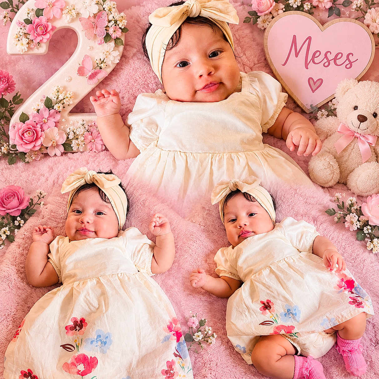 Jaylianette joined the competition — help win amazing prizes! babies, bows, celebration, children, dresses, floral_pattern, flowers, headbands, heart_sign, indoor, infants, lying_down, matching_outfits, nursery, pink_blanket, portrait, siblings, smiling, teddy_bear, triplets