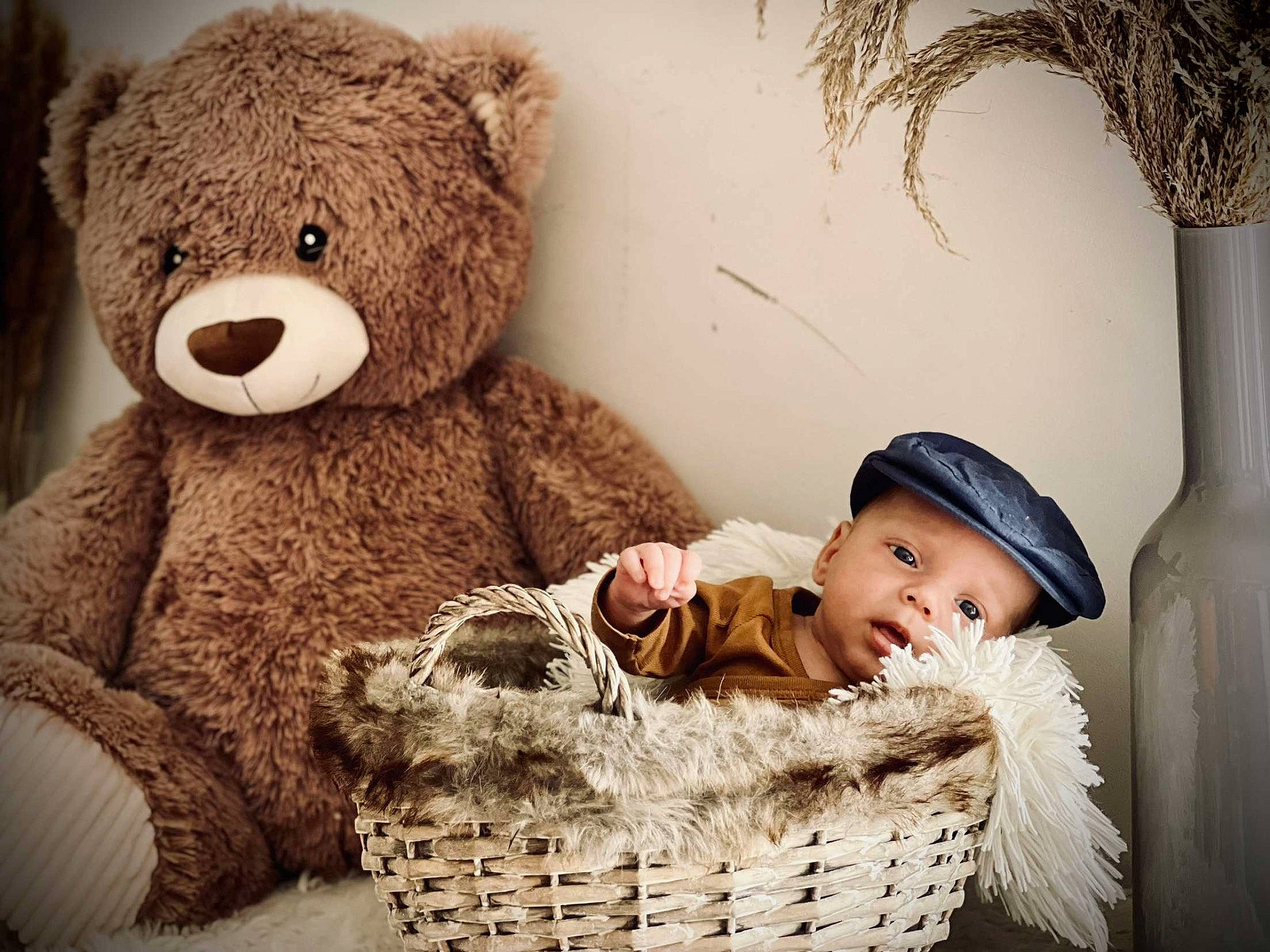 Elliott a rejoint le concours — aidez-le/la à gagner de superbes lots ! baby, baby_toddler_clothing, basket, bear, brown_bear, cap, comfort, fur, happy, hat, headwear, organ, person, snout, storage_basket, stuffed_toy, teddy_bear, terrestrial_animal, textile, toddler