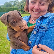 Bandit is registered to the contest to win money with this photo: woman, puppy, dog, denim_jacket, greenery, outdoor, smile, holding, pet, nature, grass, portrait, happy, casual_clothing, friendship, cute, young_dog, affection, human, tattoo