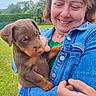 woman, puppy, dog, denim_jacket, greenery, outdoor, smile, holding, pet, nature, grass, portrait, happy, casual_clothing, friendship, cute, young_dog, affection, human, tattoo