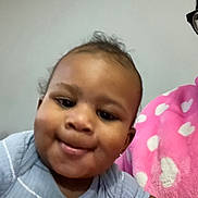 Aayan is registered to the contest to win money with this photo: baby, blue_shirt, child, closeup, clothing, cute, expression, face, happy, head, hearts, human, indoor, infant, person, pink_blanket, portrait, skin, smiling, young_child