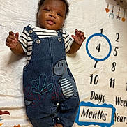 Dierre joined the competition — help win amazing prizes! baby, infant, denim_overalls, striped_shirt, milestone_blanket, numbers, blue_circle, smiling, face, hands, feet, cute, child, lying_down, cozy, patterned_blanket, dinosaur_patch, months_marker, age, portrait