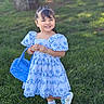 child, girl, smile, blue_dress, backpack, grass, outdoor, happy, young_child, shoes, hair_clips, sunlight, greenery, fashion, portrait, cute, standing, playful, daylight, casual