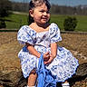Arabella is registered to the contest to win money with this photo: child, girl, smile, dress, white, blue, backpack, rock, outdoor, sunny, grass, sky, portrait, happy, cute, shoes, socks, nature, daylight, young