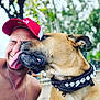 man, dog, outdoor, affection, tongue, cap, collar, smile, closeup, pet, happy, face, necklace, animal, nature, friendship, summer, canine, portrait, playful