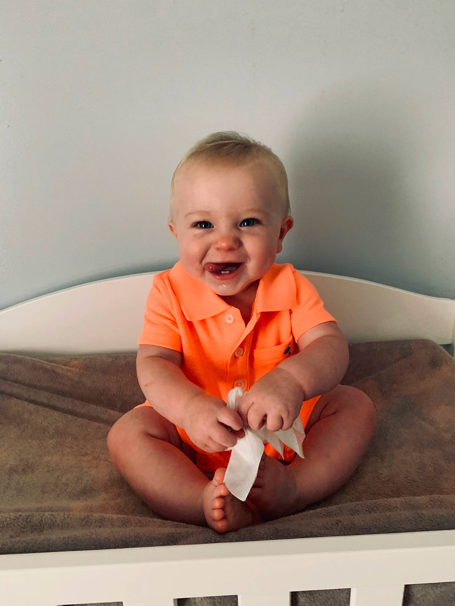 Camden joined the competition — help win amazing prizes! arm, baby, baby_products, cheek, child, finger, hand, head, joy, nose, orange, person, product, room, sitting, skin, smile, toddler