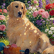 Henri a rejoint le concours — aidez-le/la à gagner de superbes lots ! animal, dappled_light, dog, flower_garden, flowers, golden_retriever, grass, greenery, nature, outdoor, peaceful, pet, pink_flowers, purple_flowers, red_flowers, relaxing, sitting, summer, sunlight, toy