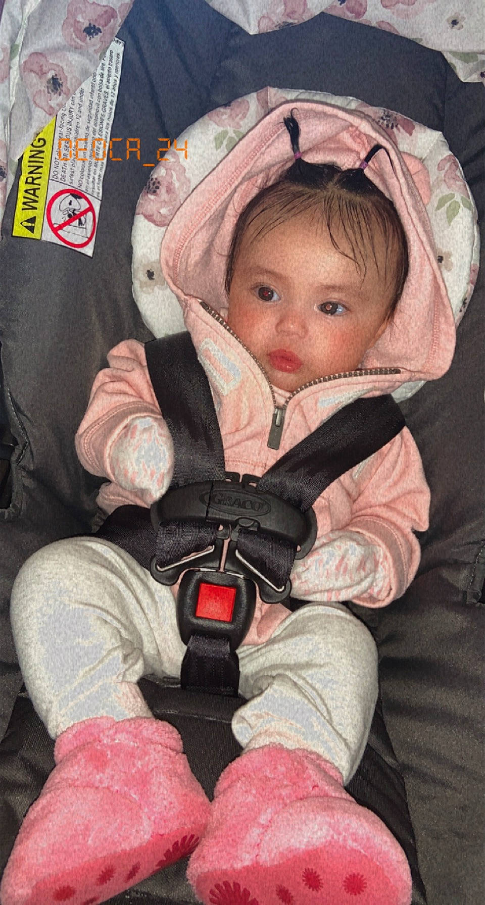 Anahi joined the competition — help win amazing prizes! baby, baby_carriage, baby_products, baby_toddler_clothing, car_seat, carmine, cheek, child, comfort, cool, costume, eyelash, fashion_accessory, fun, glove, lap, person, pink, sitting, sleeve