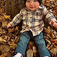 Harland is registered to the contest to win money with this photo: autumn_leaves, baby, beanie, blue_eyes, casual_clothing, child, cute, fall, hat, jeans, nature, outdoors, person, plaid_shirt, portrait, sitting, smiling, socks, toddler, tree_trunk