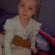 Nela a rejoint le concours — aidez-le/la à gagner de superbes lots ! bed, blanket, blue_eyes, brown_skirt, child, curtains, earrings, girl, heart_pattern, home, indoor, jewelry, necklace, person, portrait, sitting, tights, white_shirt, window, young