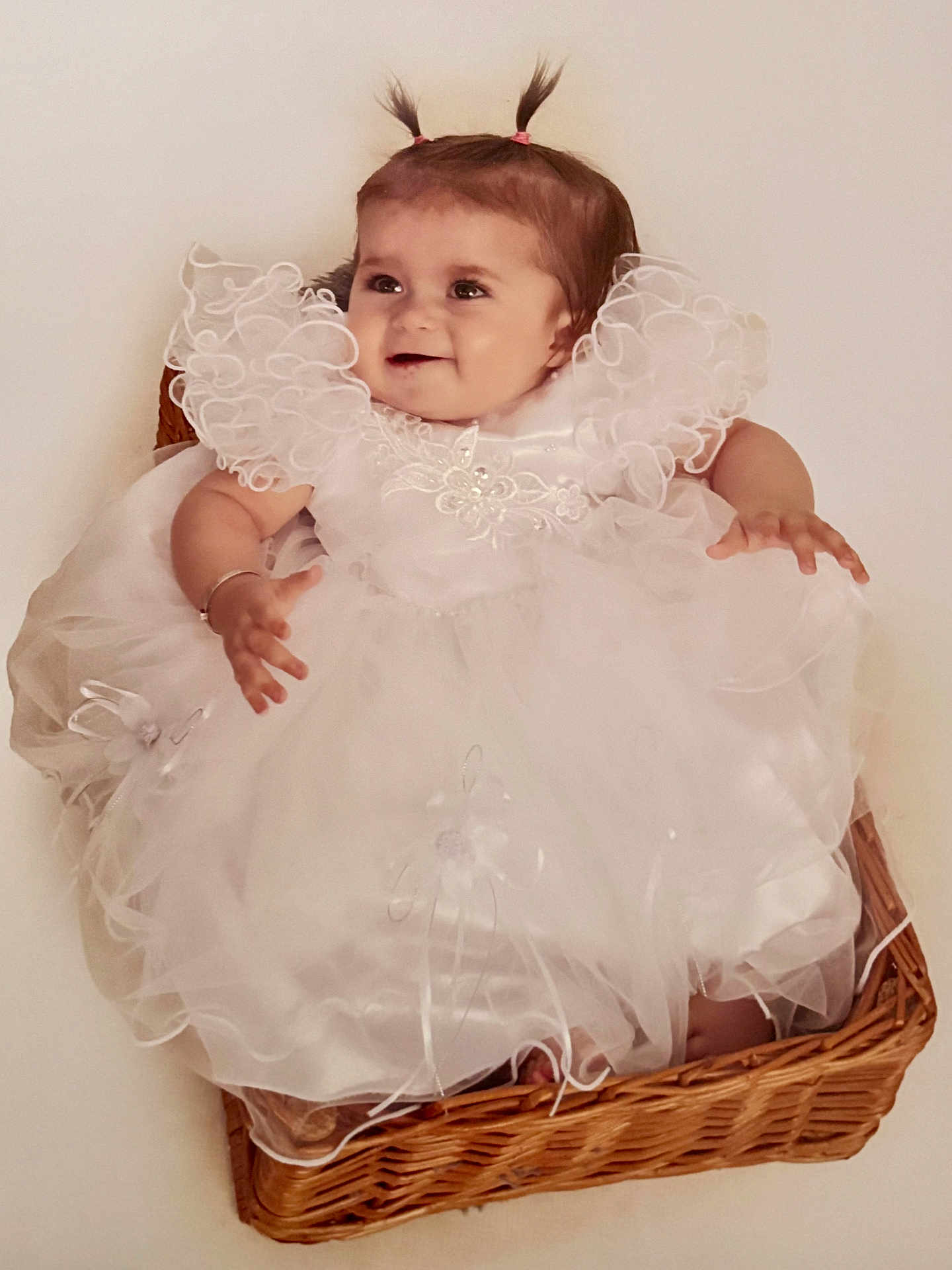 Lelia joined the competition — help win amazing prizes! baby, child, white_dress, frills, wicker_basket, smiling, portrait, cute, happy, pigtails, infant, sitting, indoors, adorable, young_child, fashion, person, celebration, cute_hair, baby_girl