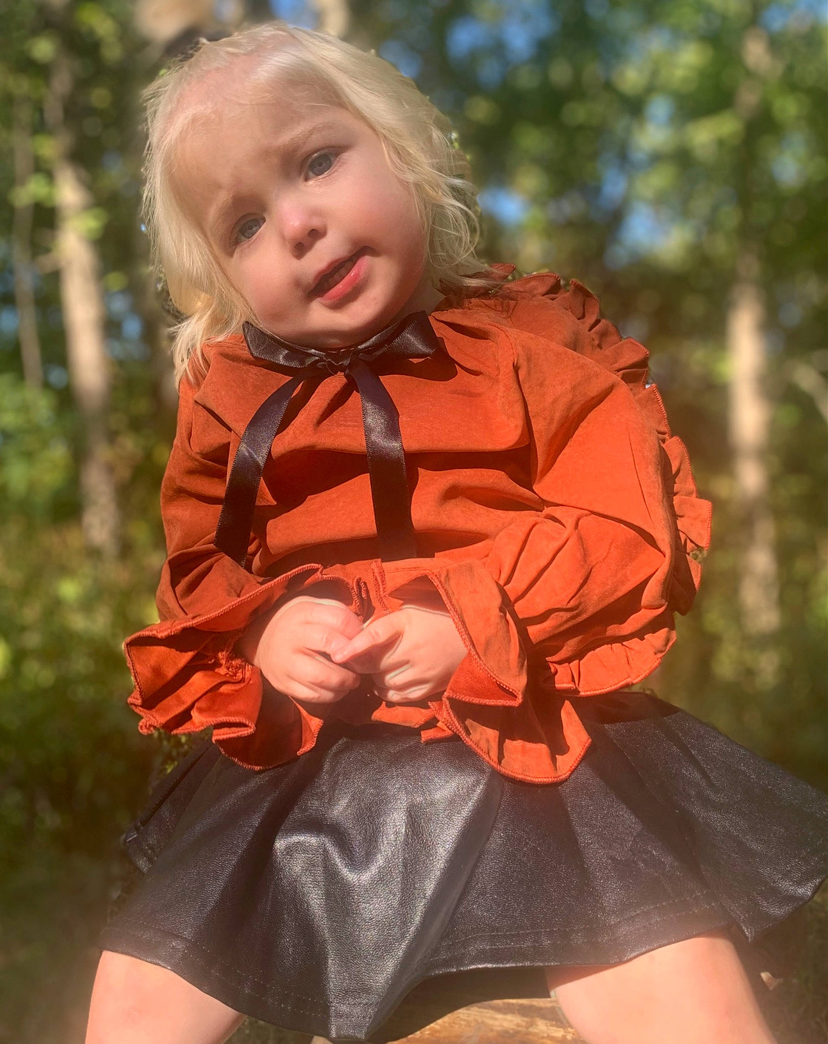 Adalyn joined the competition — help win amazing prizes! baby_toddler_clothing, child, dress, eye, face, fun, grass, hair, happy, head, human_leg, orange, outerwear, people_in_nature, person, sleeve, smile, thigh, toddler, tree