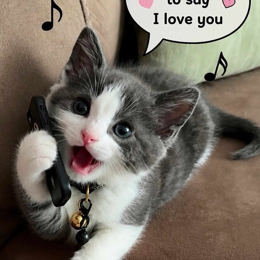 Lucky is registered to the contest to win money with this photo: kitten, cat, phone, couch, gray_and_white, pet, cute, playful, speech_bubble, musical_notes, indoor, collar, bell, paw, fur, animal, young, whiskers, ears, tongue