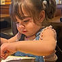 Noah is registered to the contest to win money with this photo: child, girl, pony_tail, coloring, book, table, indoor, clothing, denim, cute, painting, concentration, shadow, wooden_table, hairstyle, sleeveless, person, young_child, casual, portrait