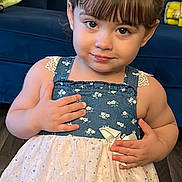 Noah is registered to the contest to win money with this photo: bangs, blue, braided_hair, child, couch, cute, dress, fashion, floor, flower_pattern, girl, hands, happy, indoor, person, portrait, smile, sparkle, white, young