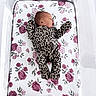 Kinlee is registered to the contest to win money with this photo: newborn, baby, infant, child, sleeping, onesie, leopard_print, floral, changing_pad, bassinet, crib, nursery, blanket, pink, mesh, lying_down, portrait, face, cozy, indoor