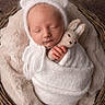 baby, basket, bear_ears, blanket, child, cozy, cute, felt_bunny, headwear, indoors, infant, knitted, newborn, peaceful, portrait, sleeping, soft_texture, stuffed_toy, white_wrap, wrapped