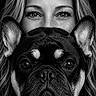 black_and_white, portrait, woman, dog, french_bulldog, face, eyes, ears, smile, hair, closeup, head, expression, pet, animal, cute, studio, monochrome, people, friendship
