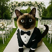 Simon is registered to the contest to win money with this photo: cat, siamese_cat, tuxedo, bow_tie, wedding, wedding_aisle, flowers, floral_arch, garden, outdoor, greenery, chairs, pet, animal, formal_wear, cute, portrait, celebration, event, nature