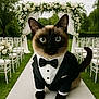 cat, siamese_cat, tuxedo, bow_tie, wedding, wedding_aisle, flowers, floral_arch, garden, outdoor, greenery, chairs, pet, animal, formal_wear, cute, portrait, celebration, event, nature