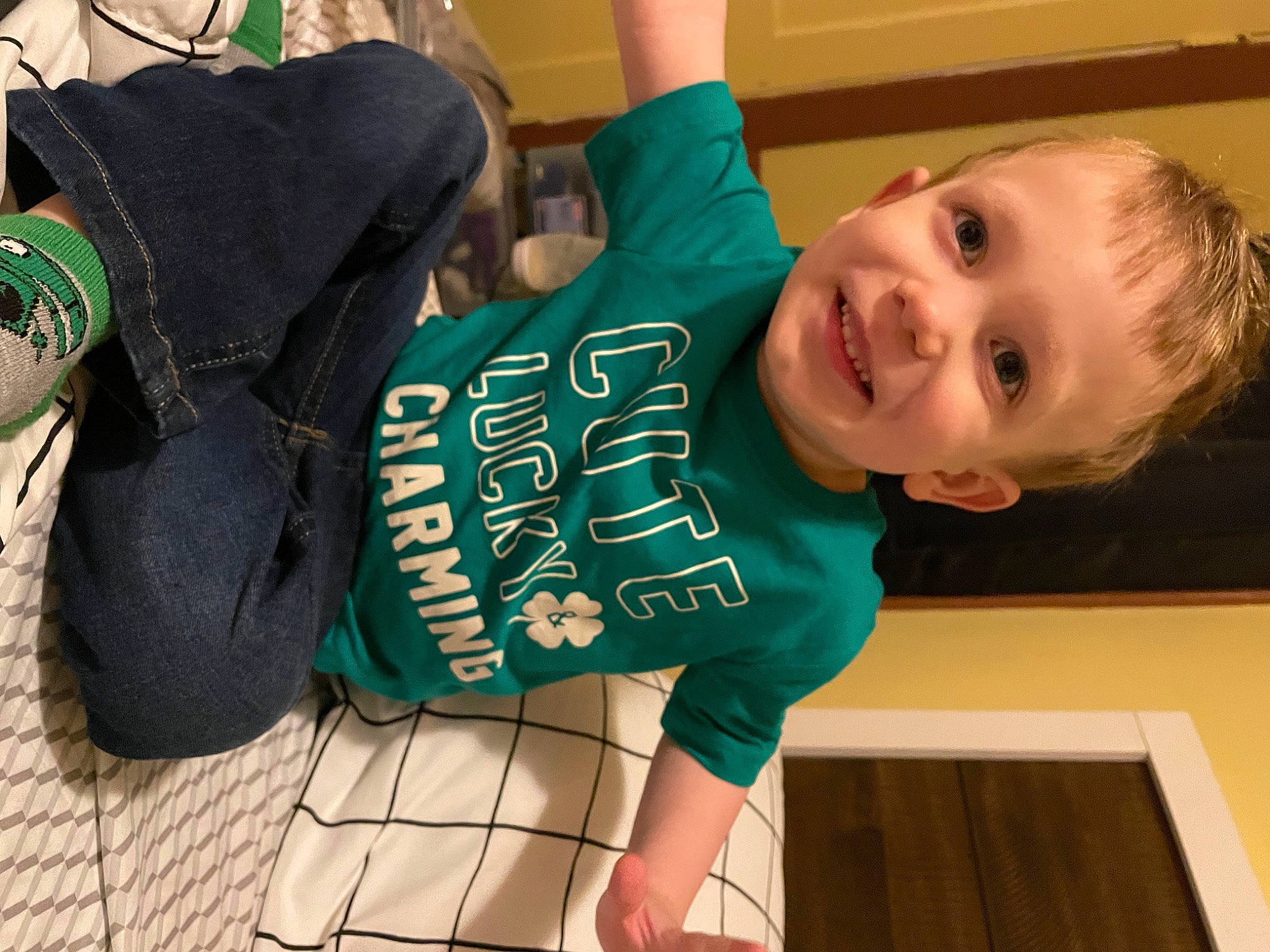 Dominic joined the competition — help win amazing prizes! baby_toddler_clothing, child, finger, flooring, foot, fun, green, happy, human_leg, joint, joy, knee, person, shoulder, skin, sleeve, smile, sportswear, t_shirt, thigh