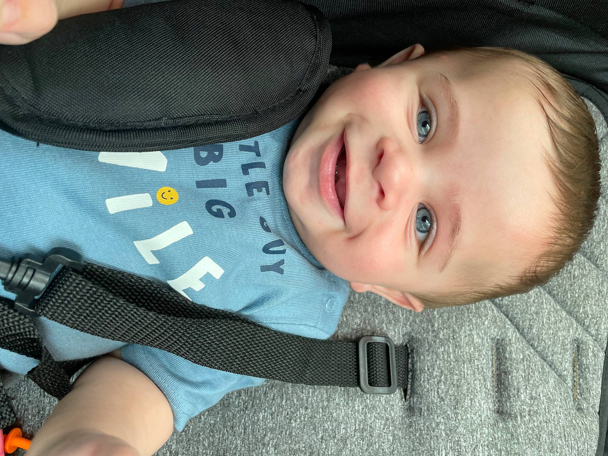 Damian is registered to the contest to win money with this photo: auto_part, baby, baby_products, baby_toddler_clothing, car_seat, cheek, child, comfort, flash_photography, grass, happy, joy, lip, nose, person, plant, skin, sleeve, smile, toddler