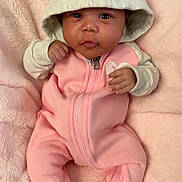 Ymir is registered to the contest to win money with this photo: baby, infant, hood, pink_onesie, socks, blanket, soft_texture, cute, small_hands, lying_down, portrait, indoors, face, child, cozy, warm_clothing, expression, newborn, candid, adorable