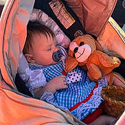 Rhaelynn joined the competition — help win amazing prizes! baby, sleeping, stroller, plush_toy, basket, blanket, pacifier, dress, blue_gingham, lace, child, infant, cute, soft_toy, head, hand, cozy, outdoor, person, peaceful