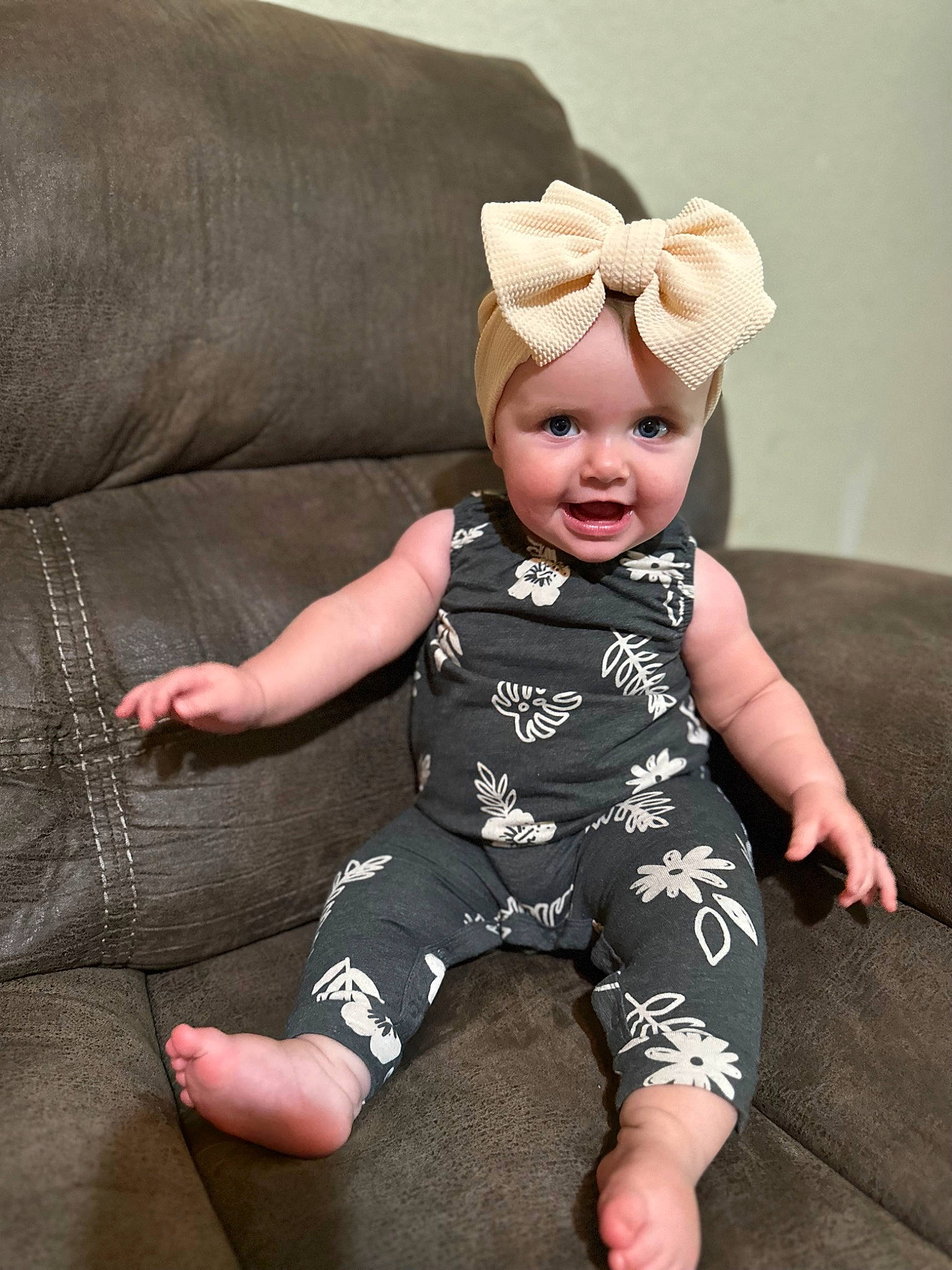 Averie joined the competition — help win amazing prizes! baby, baby_toddler_clothing, barefoot, child, comfort, costume_hat, couch, finger, flash_photography, foot, happy, headwear, human_leg, pattern, person, sitting, skin, sleeve, smile, sock