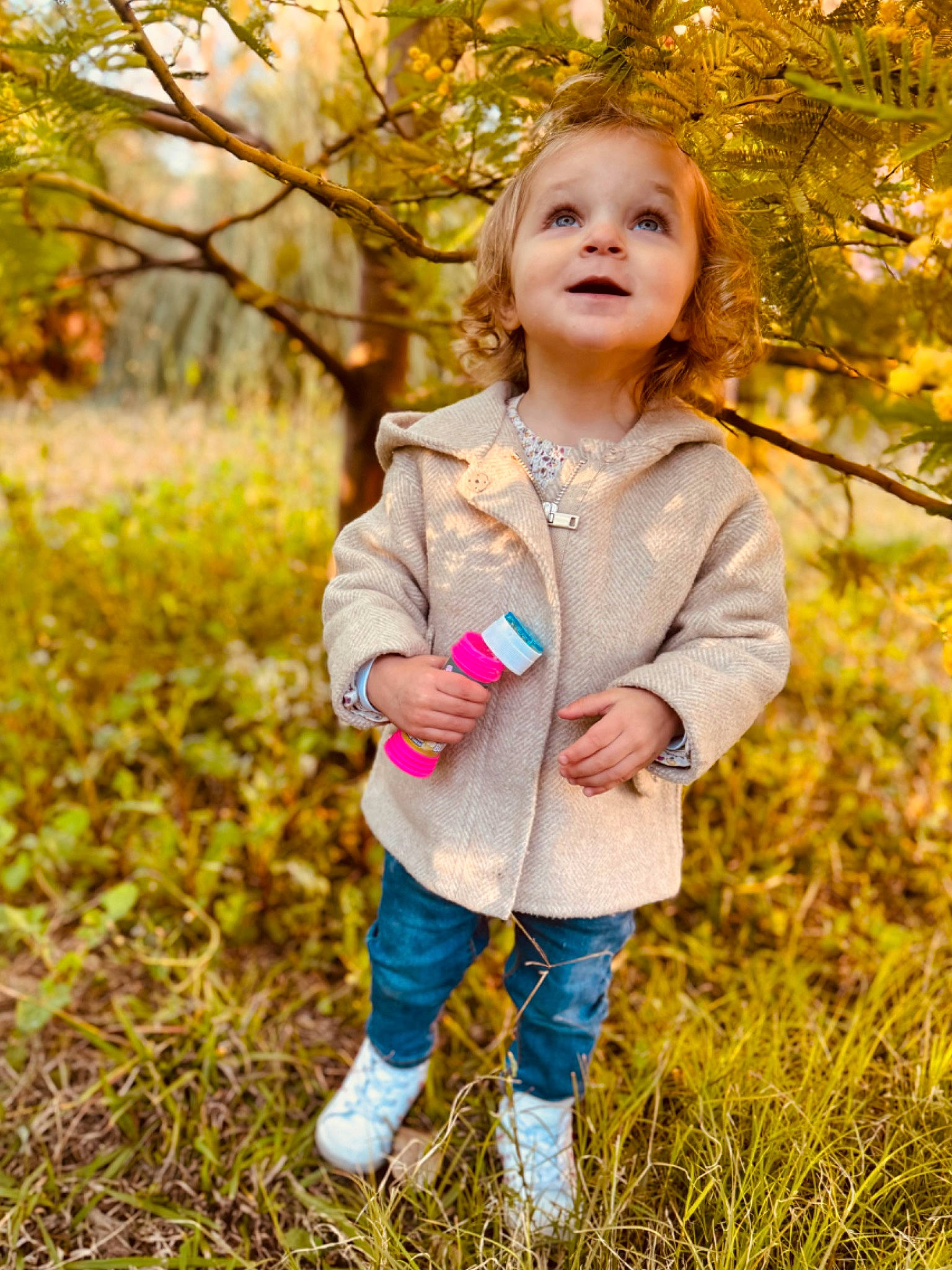 Emy participe au concours pour gagner de l'argent avec cette photo : blond, child, eye, face, forest, fun, gesture, grass, happy, head, leaf, people_in_nature, person, plant, smile, standing, toddler, tree, twig, wood