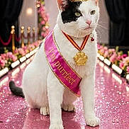 Zuko is registered to the contest to win money with this photo: animal, award, black_and_white_cat, cat, celebration, crown, decorations, feline, flowers, medal, pink, portrait, posing, royalty, runway, sash, sparkles, spotlights, stage, white_cat