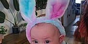 Roselie is registered to the contest to win money with this photo: baby, bunny_ears, indoor, person, cute, child, animal_costume, headwear, plant, furniture, portrait, infant, holding, face, costume, home, decor, hand, clothing, floor