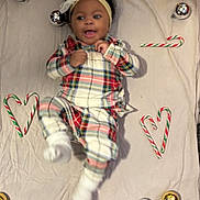 Alisha is registered to the contest to win money with this photo: baby, blanket, candy_canes, celebration, child, christmas_ornaments, cozy, cute, festive, headband, heart_shapes, holiday, holiday_decor, indoors, infant, joyful, lying_down, plaid_pajamas, smiling, soft_texture