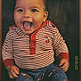 Colsen joined the competition — help win amazing prizes! baby, casual, child, clothing, cute, dark_background, expression, face, fox_pattern, happy, indoors, infant, joyful, pants, person, portrait, sitting, smiling, striped_shirt, young_child