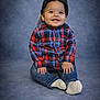 baby, backwards_cap, cap, casual_clothing, child, cute, face, feet, hands, happy, indoor, jeans, plaid_shirt, portrait, sitting, smiling, socks, studio_background, toddler, young_child