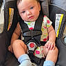 Emma joined the competition — help win amazing prizes! baby, baby_toys, blue_eyes, car_safety, car_seat, child, close_up, colorful_toys, fruit_pattern, indoors, infant, infant_clothing, onesie, photography, portrait, safety_harness, sitting, smiling, socks, vehicle