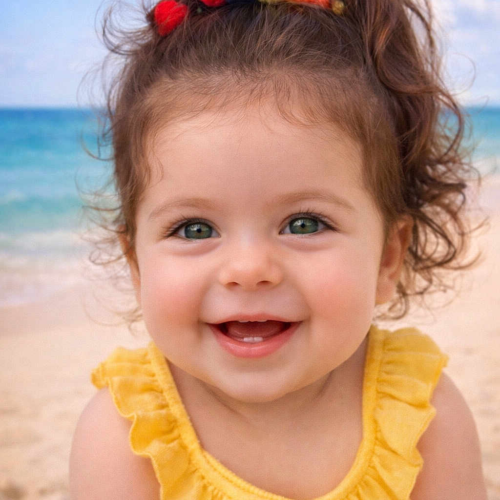 Zélie participe au concours pour gagner de l'argent avec cette photo : baby, child, smiling, beach, ocean, yellow_dress, headband, pom_poms, curly_hair, happy, portrait, outdoor, sunny, cute, infant, ruffled_clothing, skin, face, blue_sky, sand